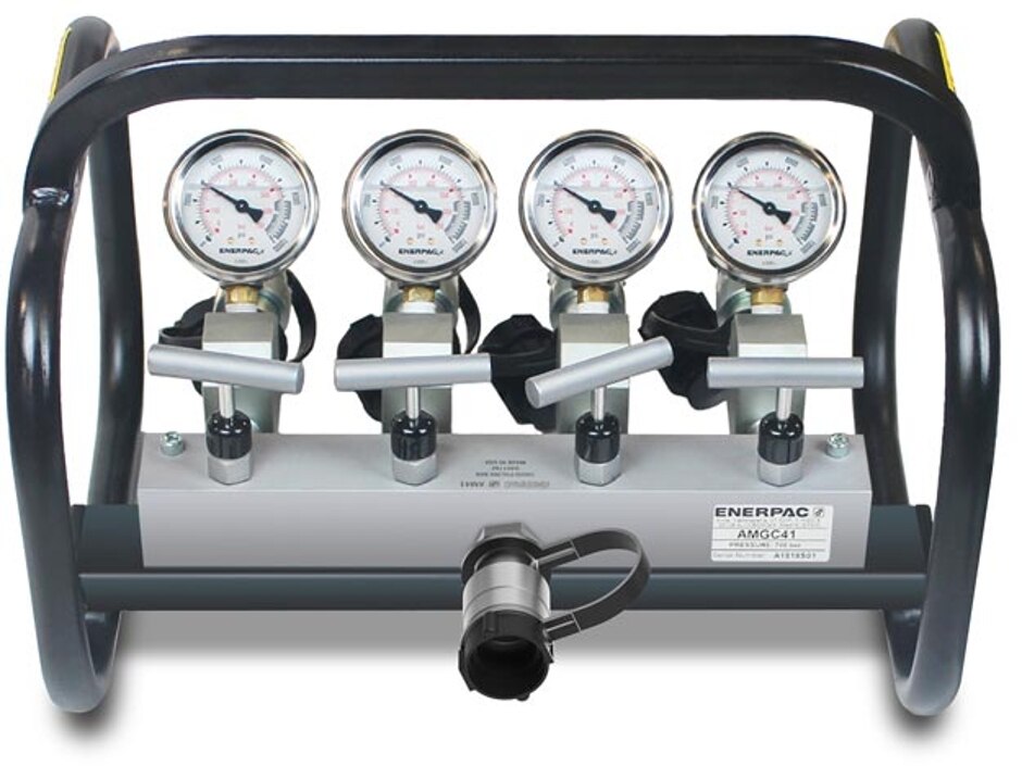 AMGC41, 5 Port, Split Flow Hydraulic Manifold with Gauges and Frame, For SingleActing Cylinders